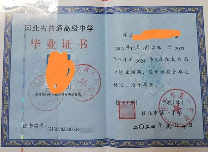 重庆任丘市第一中学高中毕业证样本图片